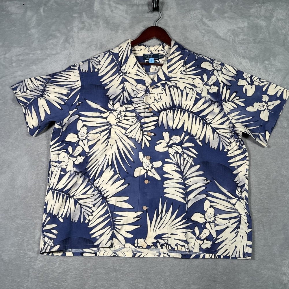 Ralph Lauren Shirt Mens 2XL Blue Andy Camp Hawaiian Linen Floral Loop Collar